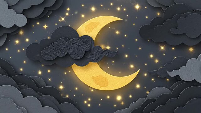 Paper cut art of crescent moon and stars.