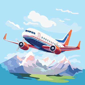 Vibrant Illustration of an Aeroplane Flying Over Scenic Snowy Mountains