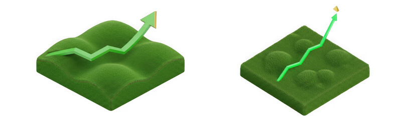 3d isometric rendering of green grass terrain blocks with upward trending growth arrows representing business success isolated on transparent background