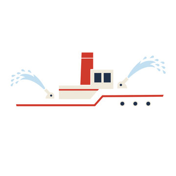 Flat vector illustration of a fireboat with water cannons