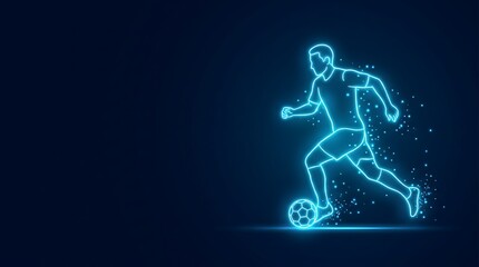 Obraz premium Neon glowing outline of a soccer player dribbling a ball on a dark blue background created with light particles to represent energy motion sport action and digital graphics.