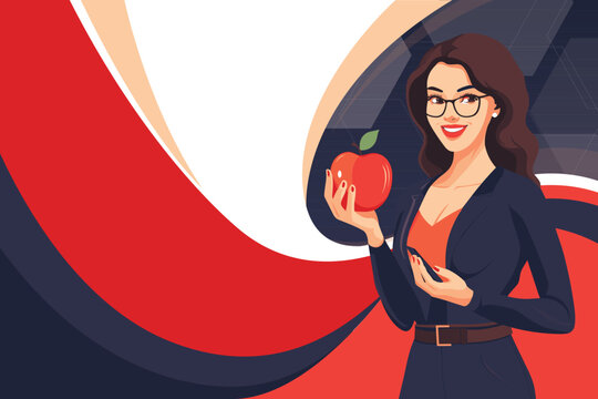 Illustration of a Woman Holding an Apple in a Stylish Modern Design