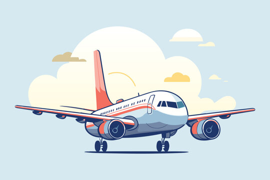 Passenger Airplane at Runway in Clear Sky with Clouds Background