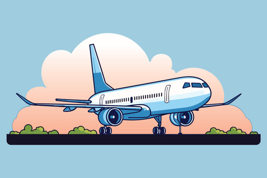 Illustrated Airplane on Runway with Scenic Sky and Clouds in View