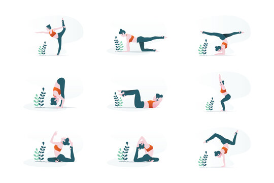 Set of Illustrated Yoga Poses Featuring a Woman Practising Different Exercises
