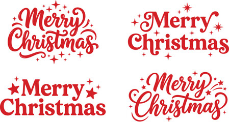 Collection of merry christmas typography designs with red text and stars on white background © firoz