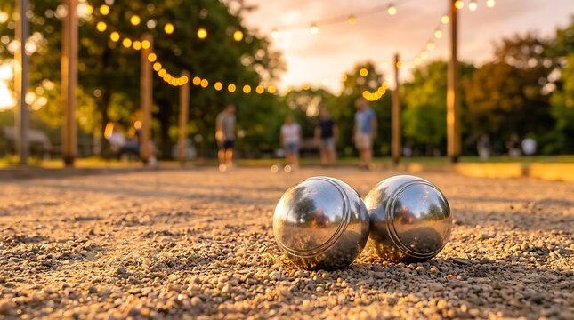 Two polished metal bocce balls rest on gravel court with blurred people playing game in background under string lights at sunset.