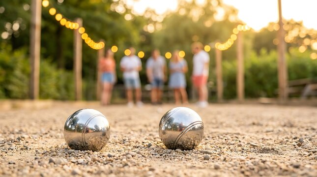 Two polished metal bocce balls rest on gravel court with blurred people playing game in background under string lights at sunset.