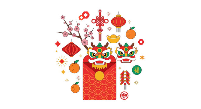 Chinese dragon head decorations on red.
