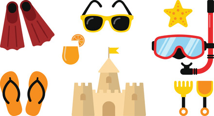 Summer Beach Vacation Vector Illustration Set with Sandcastle Snorkel Mask Sunglasses Flippers and Tropical Cocktail Elements © Lipon