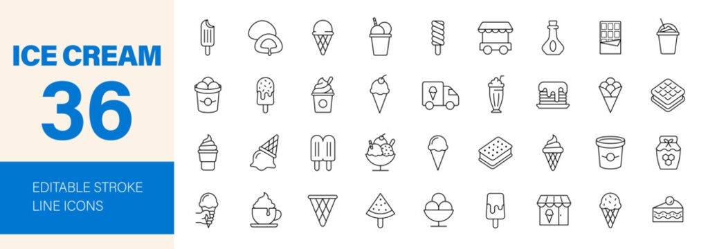 Ice Cream icon set. Editable line icons. Vector illustration.