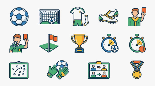 Dynamic Colorful Soccer Themed Icons Set Featuring Players Gear Referees and Game Elements in Flat Design Style