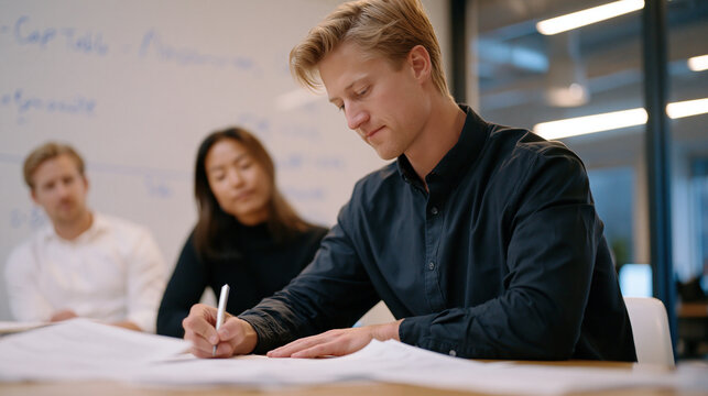 Young startup founder signs equity vesting agreement surrounded by term sheets and whiteboards covered in cap table calculations, co-founders watching as early employee compensation shifts from sala