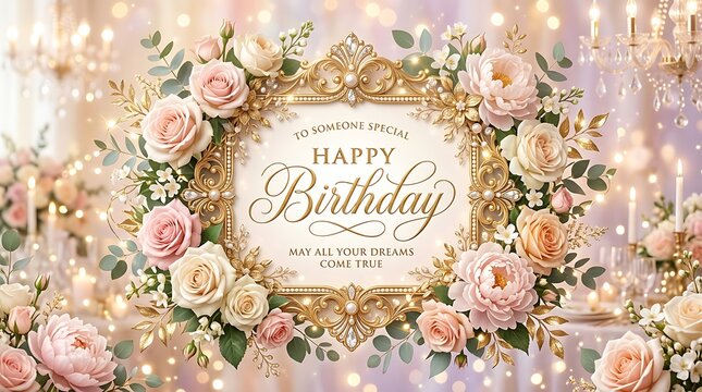 Elegant happy birthday greeting card design with soft pink and white roses and ornate gold frame on a sparkling bokeh background for a special and memorable event