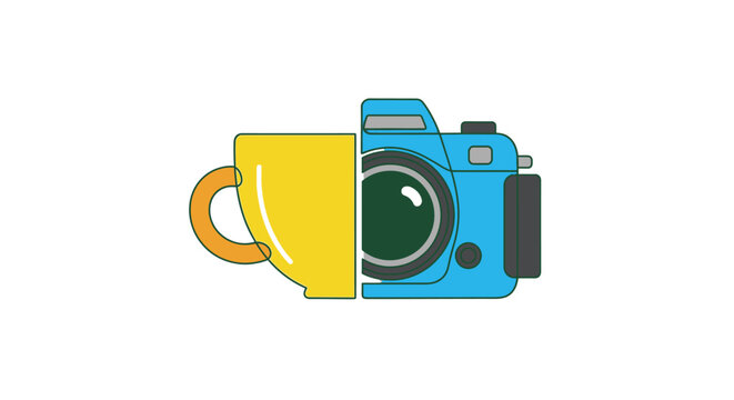 Creative logo merging yellow coffee cup and blue camera illustration