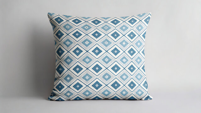 Geometric blue and white diamond pattern throw pillow on neutral background