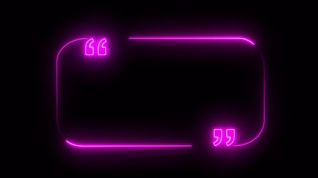 Blue neon rounded rectangle frame with quotation marks on black. Rectangle frame quote text graphic. Professional rectangle frame for digital text formatting and modern testimonial highlight.