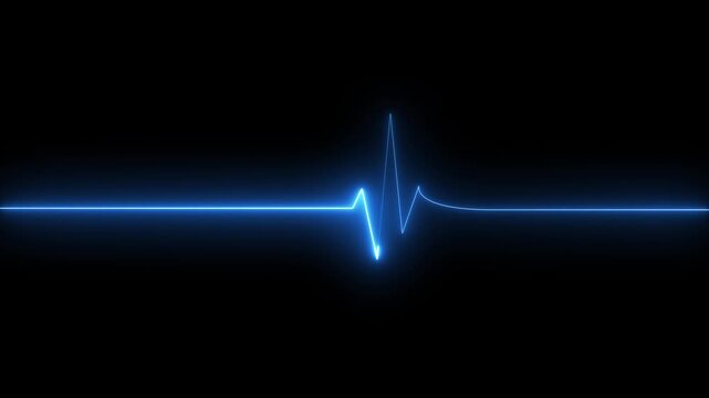 Glowing blue neon heartbeat line on dark background graphic. Heartbeat line electrocardiogram pulse. Professional heartbeat line for digital medical tracking and hospital patient care.
