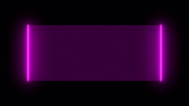 Glowing purple neon rectangle border on black background. Neon rectangle border abstract bright. Professional neon rectangle border for futuristic framing and digital display panel art.