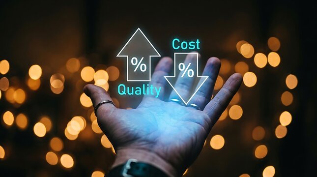 Businessman hand presenting glowing arrow chart showing increase in quality and decrease in cost representing business optimization and efficiency strategy concept