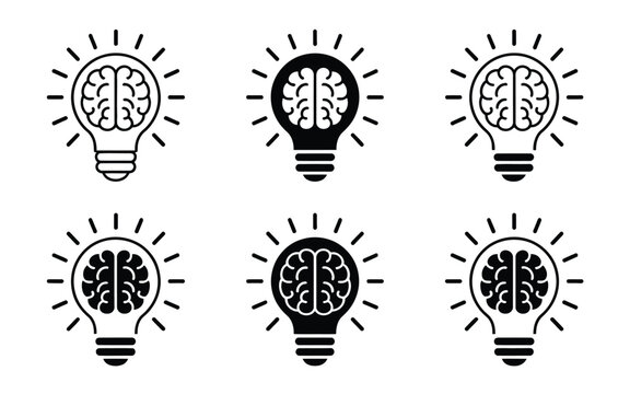 Brain in light bulb icon set, creative idea generation, innovation and solution concept, knowledge lamp symbols collection, modern thinking and inspiration vector illustration design concept.