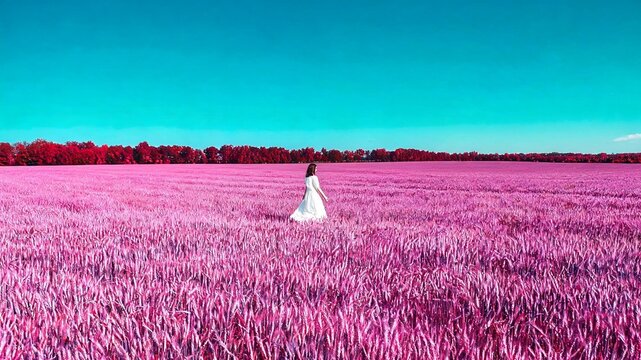 Aerochrome Style Infrared Landscape Magenta Wheat Field Under Teal Sky Woman In White Dress Walking Surreal False Color Photography