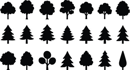 Set of black tree silhouettes including deciduous and coniferous varieties trees © ripon29