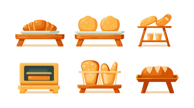 Collection Of Baked Goods Including Croissant Breads Rolls And An Oven On A White Background