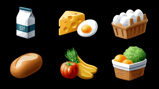 Collection Of Food Icons Milk Cheese Eggs Bread Fruit And Vegetables On Black Background