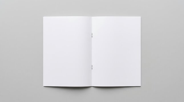 Professional studio photography of open blank notebook booklet with staples isolated on light grey background for minimalist branding mockup and design