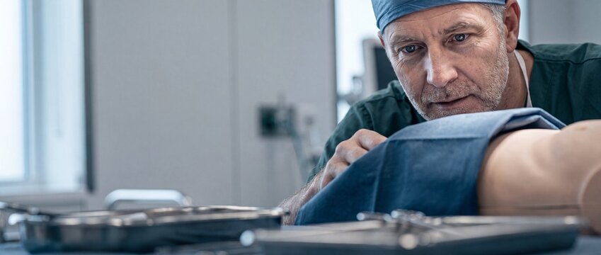 Male surgeon performing medical surgery in hospital operating room, focused doctor looking down during clinical procedure, professional healthcare specialist wearing medical scrubs and a surgical cap.