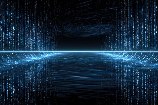 Abstract Digital Matrix Tunnel with Blue Light Trails.