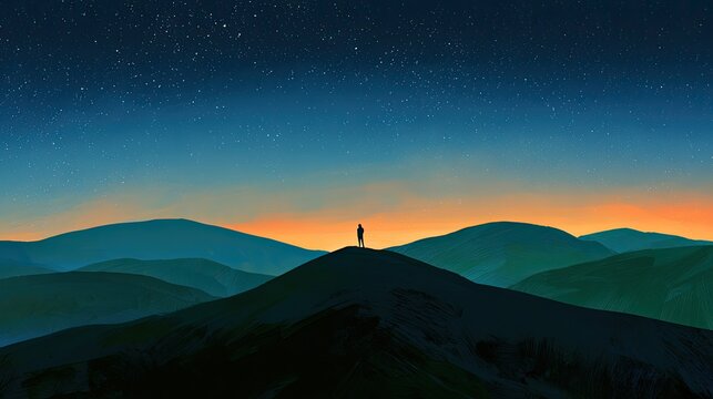 Lone Figure Silhouetted on Mountain Peak at Sunrise Over Rolling Hills.