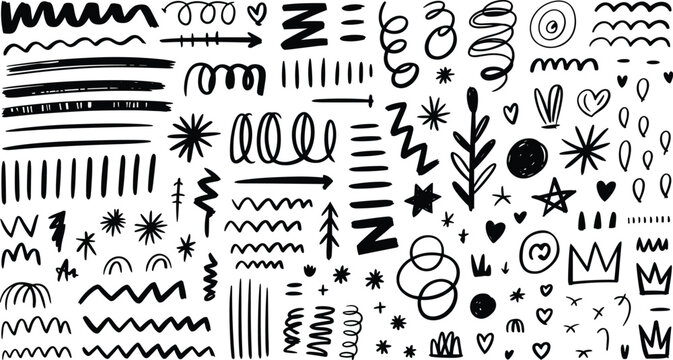 and drawn doodle element vector mega set featuring black ink brush strokes arrows and stars isolated on white backgroundand drawn doodle element vector mega set featuring black ink brush strokes arrow