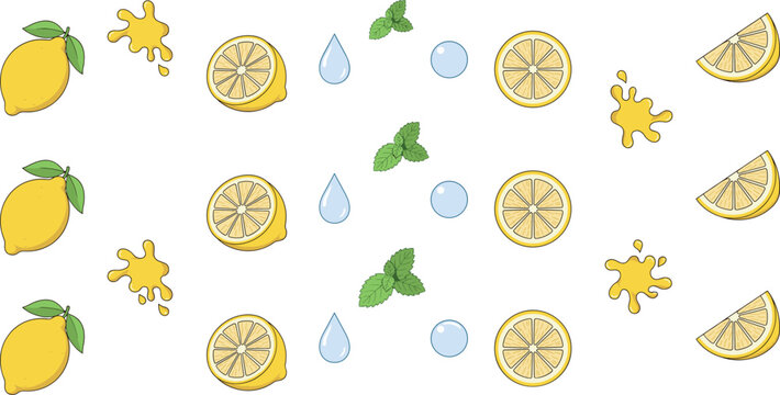 PrintFresh Lemon Icon Set with Citrus Slices, Water Drops, Mint Leaves, Juice Splashes, and Yellow Fruit Elements for Summer Drink Menu Graphic Design