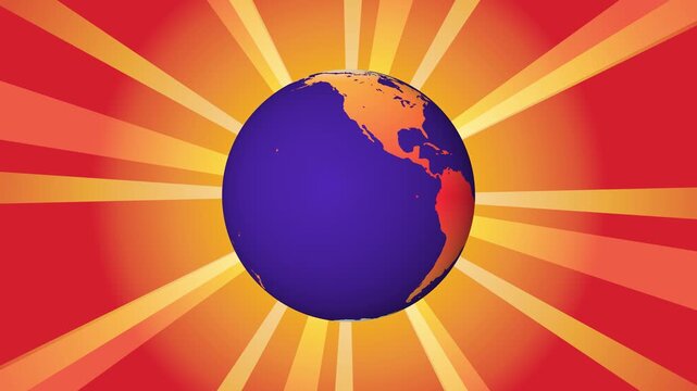 Earth globe rotating with orange sunburst rays