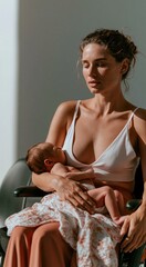 Obraz premium Nursing mother in a wheelchair breastfeeding her newborn with a calm and grounded expression for maternal health and accessibility concepts