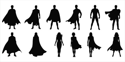 Collection of superhero silhouettes in dynamic poses with flowing capes on a white background flying © ripon29