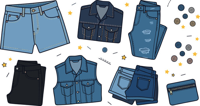 Blue denim apparel doodle vector illustration set featuring jean shorts jacket vest ripped pants black trousers zipper pouch pouch and sewing buttons.