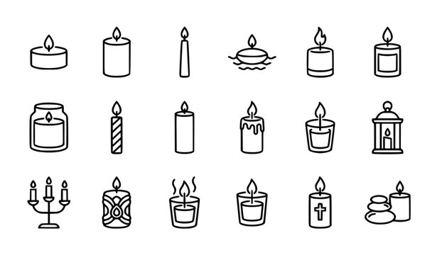 Minimal Candle Outline Icon Set with Tea Light Aromatherapy Birthday and Decorative Candle Symbols EPS Vector