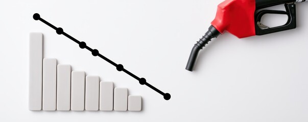 Red fuel pump nozzle beside  downward trending bar chart showing declining gasoline prices or usage