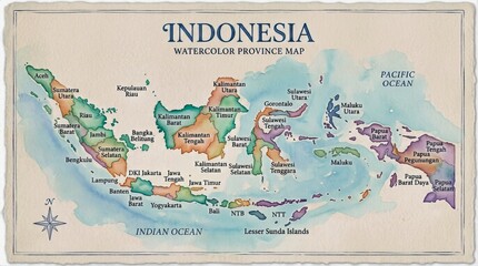 Watercolor map of Indonesia with provinces and oceans labeled © Jan