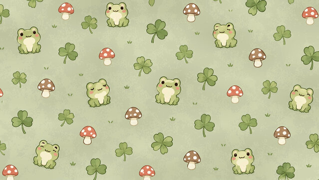 Cute frog clover mushroom seamless green repeating pattern background