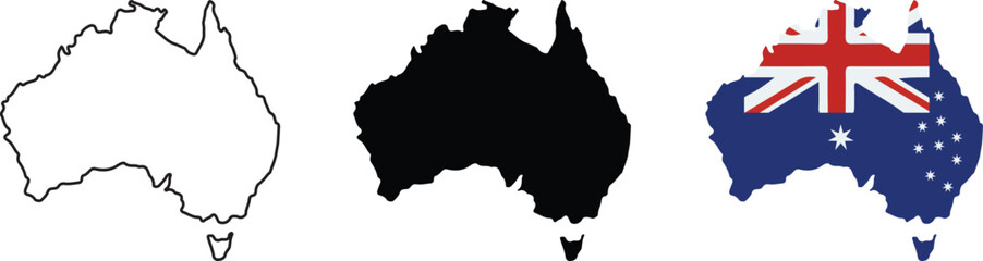 Three variations of the australia country map shape including a black outline, a solid black silhouette, and a version filled with the blue, white, and red australian national flag © BestZone