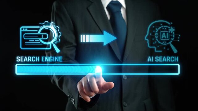 AI Search Technology Concept with Businessman Interacting with Digital Interface and Visual Elements Representing Search Mechanisms and Data Processing. Liminal.