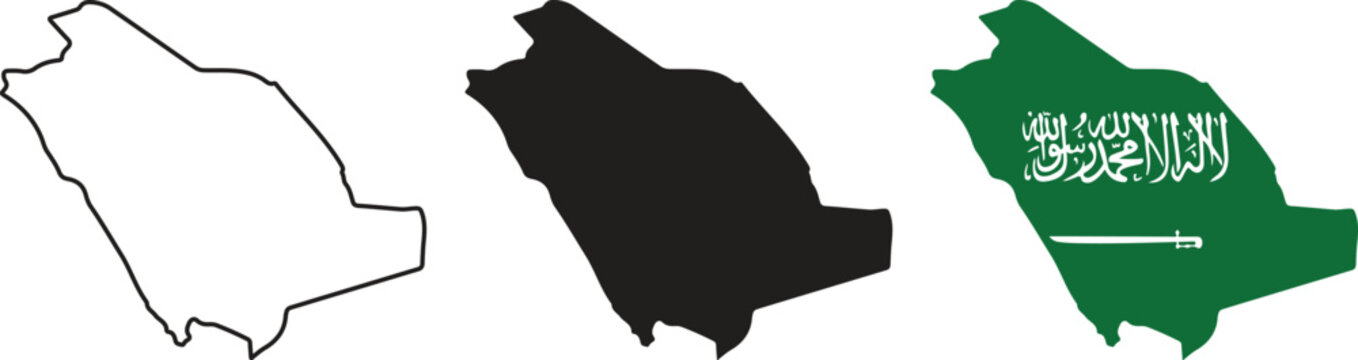 Three variations of the saudi arabia country map, including a simple black outline, a solid black silhouette, and a detailed map filled with the official green and white saudi arabian