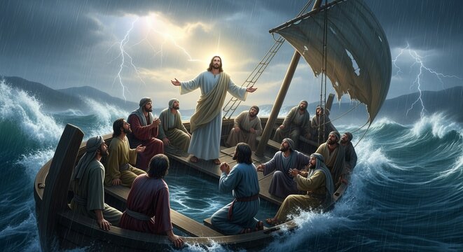 Dramatic scene of jesus calming the storm on the sea of galilee with disciples in awe and wonder