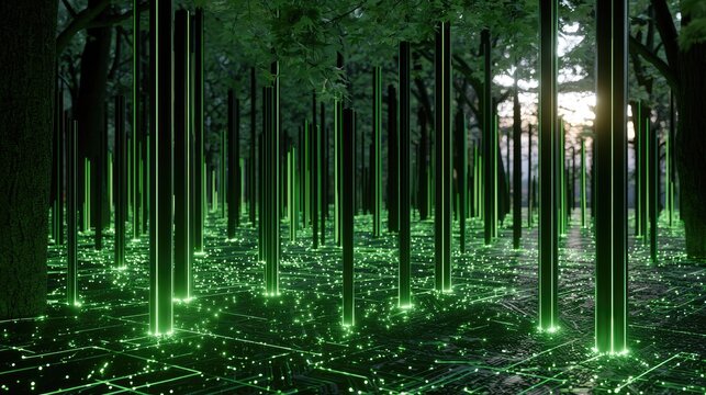 Abstract Digital Forest of Glowing Green Pillars and Circuits.