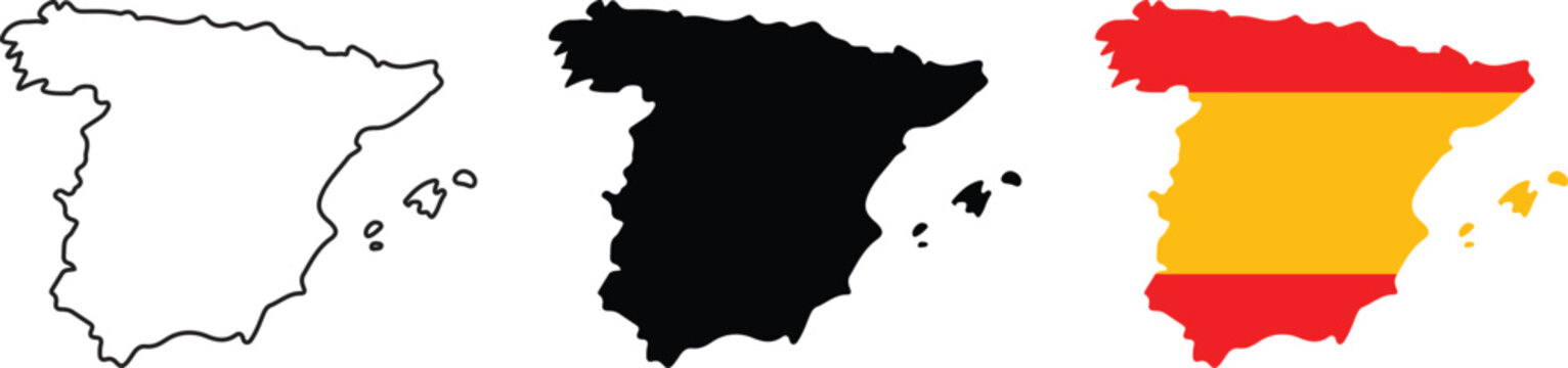 Three variations of the spain country map, including a simple black outline, a solid black silhouette, and a detailed map filled with the official red and yellow spanish national flag colors