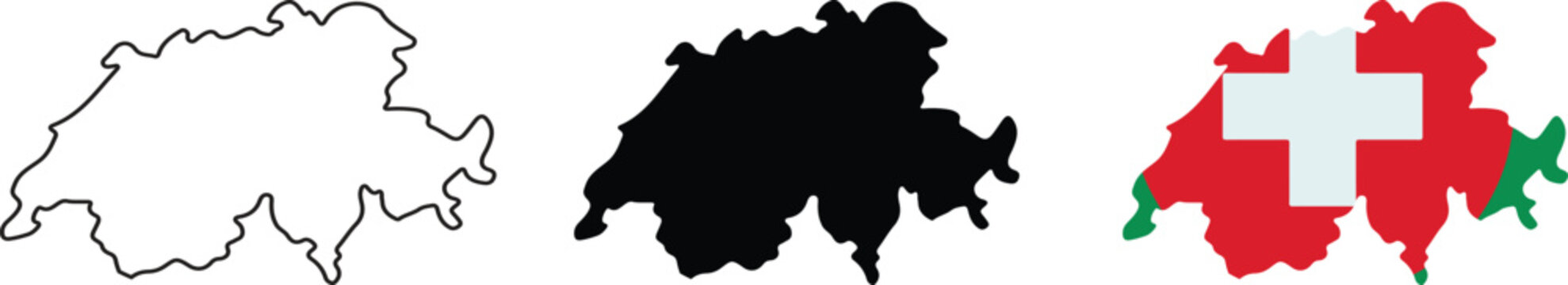 Three variations of the switzerland country map, including a simple black outline, a solid black silhouette, and a detailed map filled with the official red and white swiss national flag